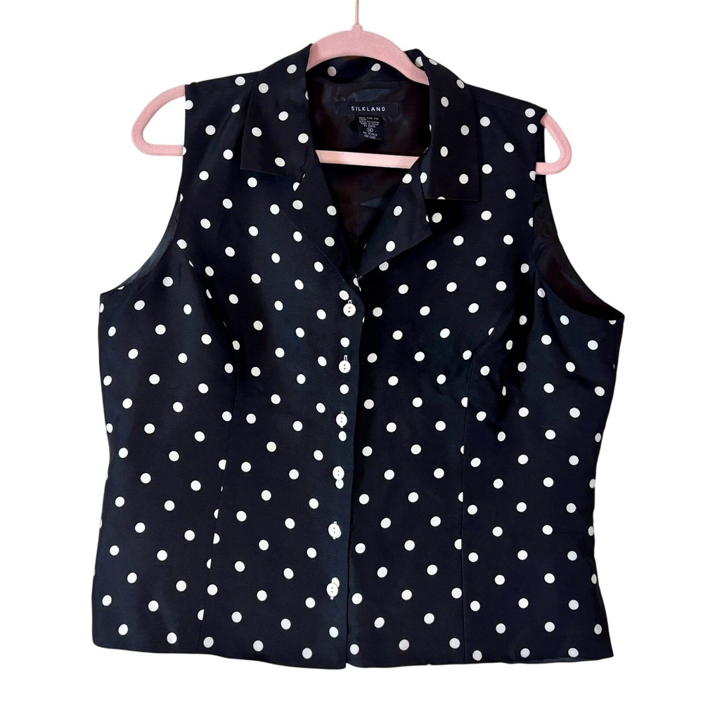 Silkland Polka Dot Blouse Sleeveless Button Down Collared Top Size 14